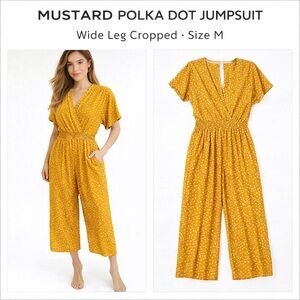 Mustard Polka Dot Wide Leg Jumpsuit Retro Cottagecore Cropped Pants Size M